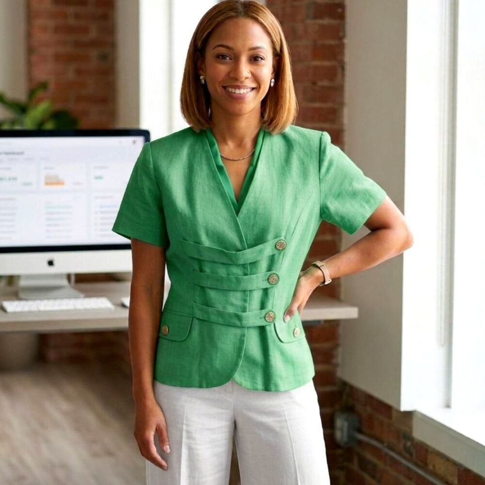 Green Ramie Cotton Blazer Jacket Women's Size 7 Short Sleeve Preppy NOK NOK